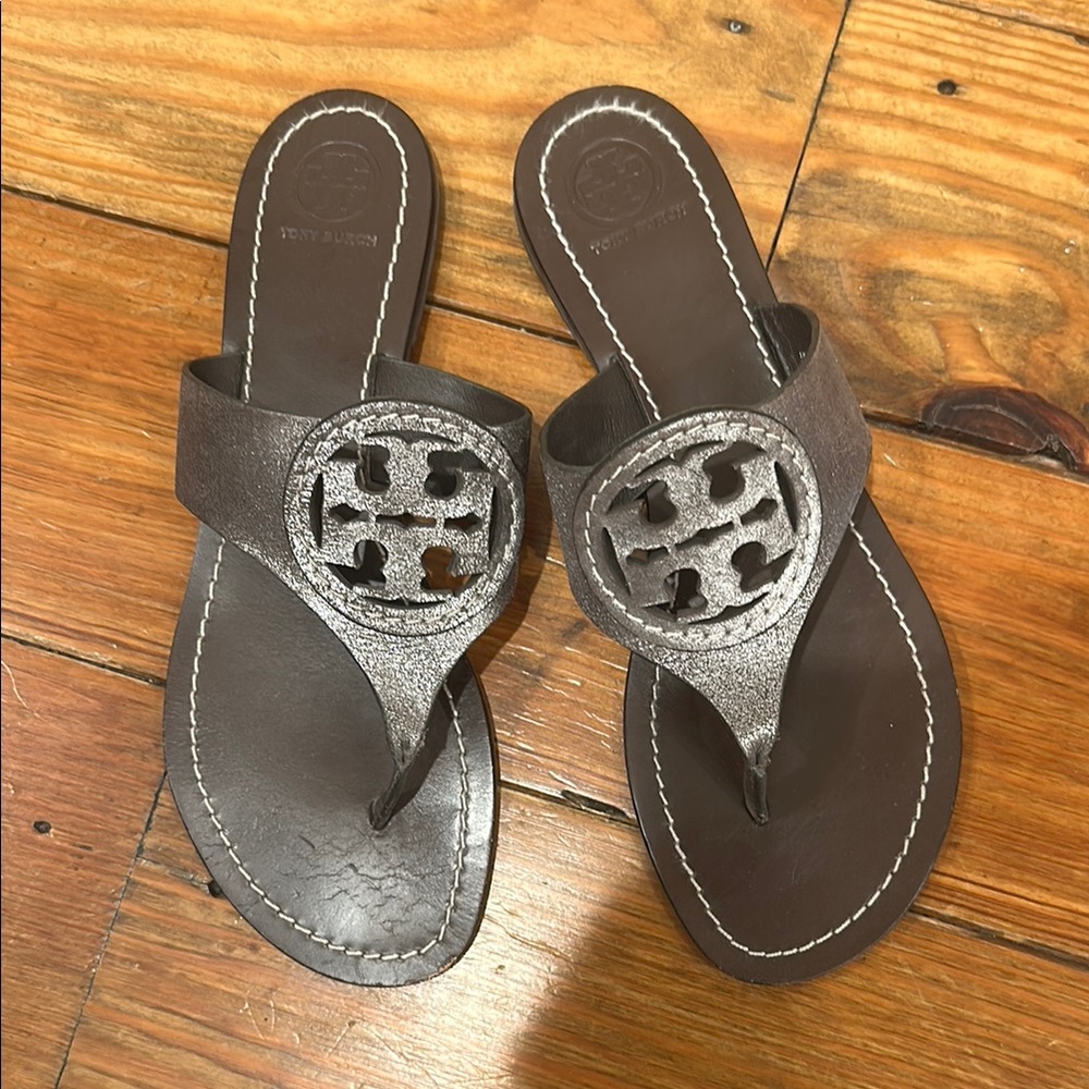 Tory Burch Brown Sandals with Rhinestone Logo